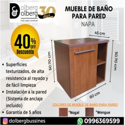 MUEBLE DE BAÑO NAPA DE COLGAR PARED COLOR WENGUE - NOGAL MEDIDAS:60x45x51