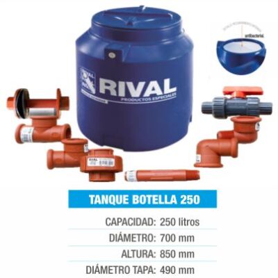 TANQUE DE RESERVA DE AGUA TIPO BOTELLA (250LTS) Incluido Kit de Instalación 1/2" ( Espesor 4mm a 5mm )