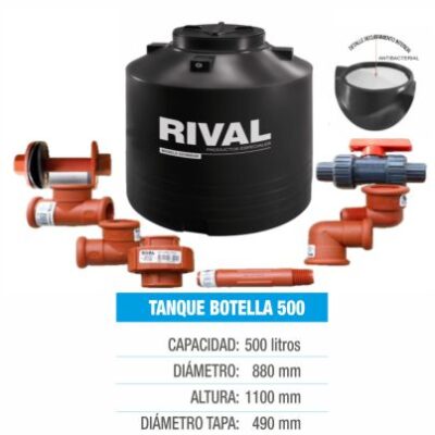TANQUE DE RESERVA DE AGUA TIPO BOTELLA(500LTS) Negro Incluido Kit de Instalación 1/2" ( Espesor 3mm a 4mm )