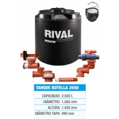 TANQUE DE RESERVA DE AGUA TIPO BOTELLA(2500LTS) Negro Incluido Kit de Instalación 3/4"  ( Espesor 3mm a 4mm )