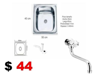 COMBO FREGADERO YETKA EMPOTRAR 50 X 40CM 1POZO INCLUYE SIFON/REBOSADERO